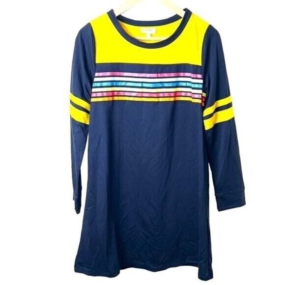 Umgee Navy Blue Rainbow Striped Long Sleeve Retro T-Shirt Dress Size Small - Picture 1 of 9